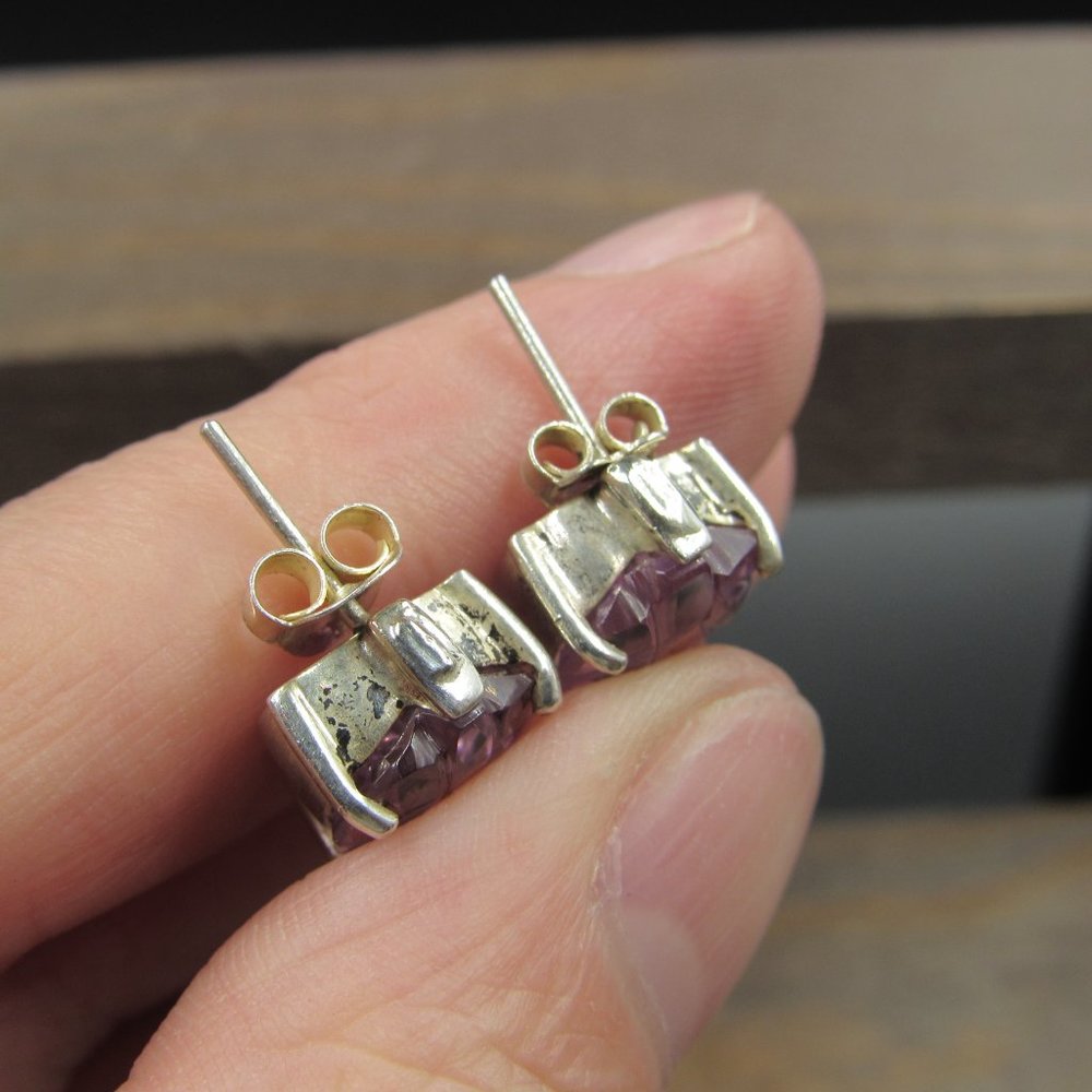 Sterling Silver Carved Leaf Amethyst Rustic Stud Earrings Vintage - Picture 3 of 7